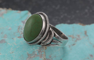 Native American Green Oval Turquoise Stone Sterling Silver Hand Made Ring Size 7