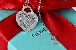 Return To Tiffany & Co. 18Kt. White Gold Diamond Pave "LOVE" Heart Pendant 18" Necklace