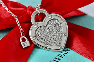 Return To Tiffany & Co. 18Kt. White Gold Diamond Pave "LOVE" Heart Pendant 18" Necklace