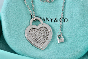 Return To Tiffany & Co. 18Kt. White Gold Diamond Pave "LOVE" Heart Pendant 18" Necklace