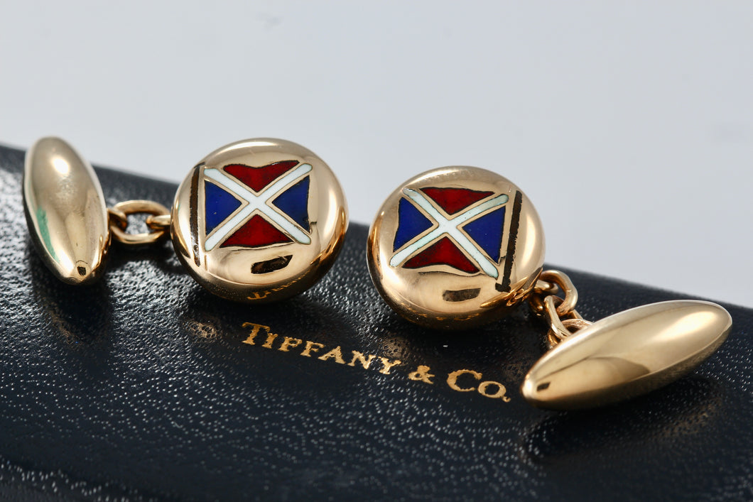 Tiffany & Co. Vintage 14Kt. Gold Enamel Nautical Flag Mens Cufflinks