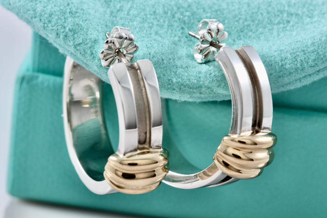 Tiffany & Co. Atlas 18K Gold Silver Shrimp Groove Wide Hoop Earrings