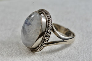 Sterling Silver Large Handmade Oval Crystal Moonstone Ring Size 6.5
