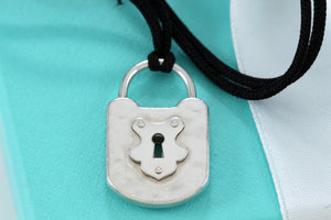 Tiffany & Co. Large Hammered Keyhole Padlock Pendant Silk Cord Necklace