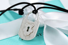 Load image into Gallery viewer, Tiffany &amp; Co. Large Hammered Keyhole Padlock Pendant Silk Cord Necklace
