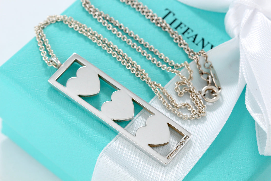 Tiffany & Co. Silver Triple Heart Bar Pendant Necklace