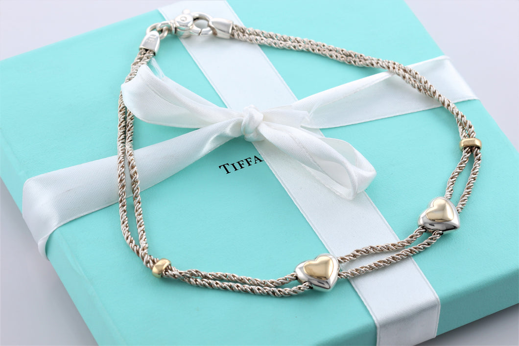 Tiffany & Co. Silver 18K Gold & Silver Double Rope Sliding Puff Heart Necklace