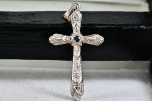 SU Sterling Silver Blue Sapphire Cross Pendant Thailand