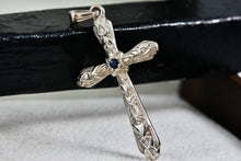 Load image into Gallery viewer, SU Sterling Silver Blue Sapphire Cross Pendant Thailand
