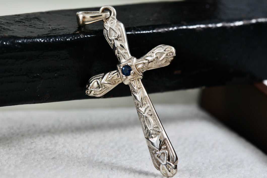 SU Sterling Silver Blue Sapphire Cross Pendant Thailand