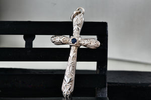 SU Sterling Silver Blue Sapphire Cross Pendant Thailand