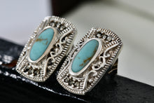 Load image into Gallery viewer, Sterling Silver Turquoise Oval Inlay Rhinestone Rectangle Stud Earrings
