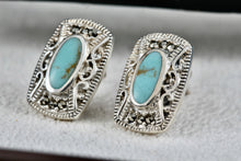 Load image into Gallery viewer, Sterling Silver Turquoise Oval Inlay Rhinestone Rectangle Stud Earrings
