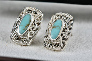 Sterling Silver Turquoise Oval Inlay Rhinestone Rectangle Stud Earrings