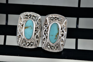 Sterling Silver Turquoise Oval Inlay Rhinestone Rectangle Stud Earrings