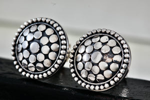 Sterling Silver Round Cobblestone Circle Stud Earrings Signed PJ