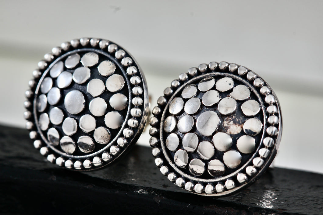 Sterling Silver Round Cobblestone Circle Stud Earrings Signed PJ