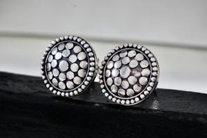Sterling Silver Round Cobblestone Circle Stud Earrings Signed PJ