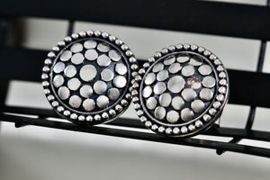 Sterling Silver Round Cobblestone Circle Stud Earrings Signed PJ