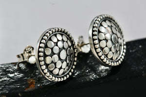 Sterling Silver Round Cobblestone Circle Stud Earrings Signed PJ