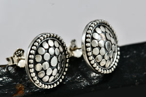 Sterling Silver Round Cobblestone Circle Stud Earrings Signed PJ