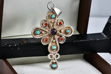 Load image into Gallery viewer, Taxco Mexico Sterling Silver Purple Amethyst, Turquoise &amp; Red Coral Cross Pendant
