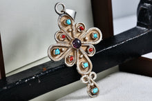 Load image into Gallery viewer, Taxco Mexico Sterling Silver Purple Amethyst, Turquoise &amp; Red Coral Cross Pendant
