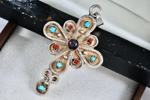 Load image into Gallery viewer, Taxco Mexico Sterling Silver Purple Amethyst, Turquoise &amp; Red Coral Cross Pendant
