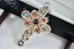 Taxco Mexico Sterling Silver Purple Amethyst, Turquoise & Red Coral Cross Pendant