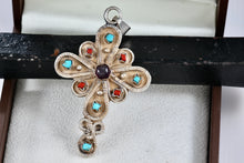 Load image into Gallery viewer, Taxco Mexico Sterling Silver Purple Amethyst, Turquoise &amp; Red Coral Cross Pendant
