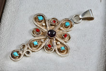 Load image into Gallery viewer, Taxco Mexico Sterling Silver Purple Amethyst, Turquoise &amp; Red Coral Cross Pendant
