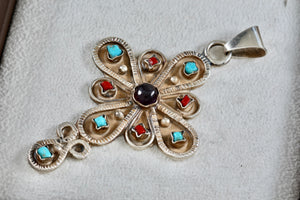 Taxco Mexico Sterling Silver Purple Amethyst, Turquoise & Red Coral Cross Pendant