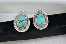 Load image into Gallery viewer, Native American Sterling Silver Polished Turquoise Teardrop Stud Earrings Signed AB
