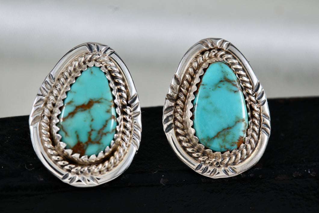 Native American Sterling Silver Polished Turquoise Teardrop Stud Earrings Signed AB