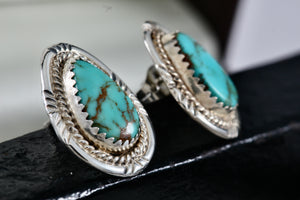 Native American Sterling Silver Polished Turquoise Teardrop Stud Earrings Signed AB