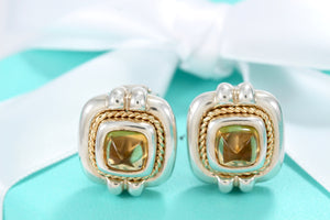 Tiffany & Co. 18K Gold & Silver Citrine Square Rope Clip on Earrings