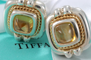 Tiffany & Co. 18K Gold & Silver Citrine Square Rope Clip on Earrings