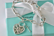 Load image into Gallery viewer, Tiffany &amp; Co. Silver Keyhole Heart Filigree &amp; Mini Key Pendant Oval Link 7.5&quot; Bracelet
