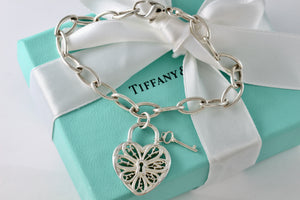 Tiffany & Co. Silver Keyhole Heart Filigree & Mini Key Pendant Oval Link 7.5" Bracelet