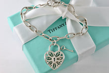 Load image into Gallery viewer, Tiffany &amp; Co. Silver Keyhole Heart Filigree &amp; Mini Key Pendant Oval Link 7.5&quot; Bracelet
