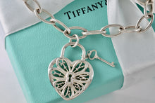 Load image into Gallery viewer, Tiffany &amp; Co. Silver Keyhole Heart Filigree &amp; Mini Key Pendant Oval Link 7.5&quot; Bracelet
