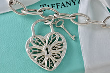 Load image into Gallery viewer, Tiffany &amp; Co. Silver Keyhole Heart Filigree &amp; Mini Key Pendant Oval Link 7.5&quot; Bracelet
