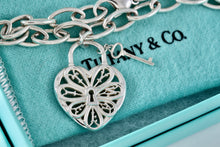 Load image into Gallery viewer, Tiffany &amp; Co. Silver Keyhole Heart Filigree &amp; Mini Key Pendant Oval Link 7.5&quot; Bracelet
