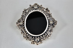 Sterling Silver Large Oval Onyx Rhinestone Brooch Pin Pendant