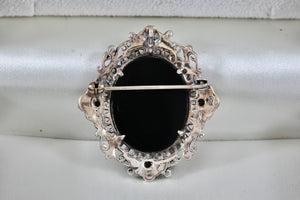 Sterling Silver Large Oval Onyx Rhinestone Brooch Pin Pendant