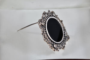 Sterling Silver Large Oval Onyx Rhinestone Brooch Pin Pendant