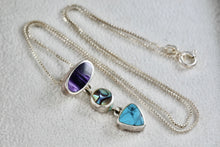 Load image into Gallery viewer, Sterling Silver Purple Abalone, Abalone &amp; Turquoise Triple Drop Necklace
