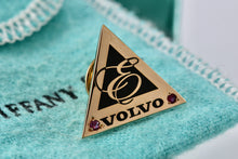 Load image into Gallery viewer, Tiffany &amp; Co. Gold Plated Silver Volvo Pink Sapphire Triangle Pin
