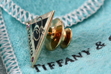 Load image into Gallery viewer, Tiffany &amp; Co. Gold Plated Silver Volvo Pink Sapphire Triangle Pin
