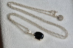 Sterling Silver Black Oval Onyx Diamond Accent Pendant 18" Necklace